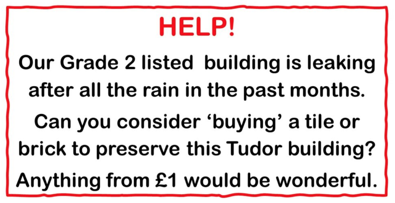 An infographic asking for donations to help with the leaking building after all the rain