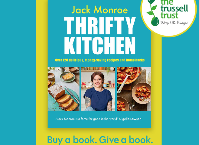 A infographic from Bookshop.org for 'Thrifty Kitchen' by Jack Monroe