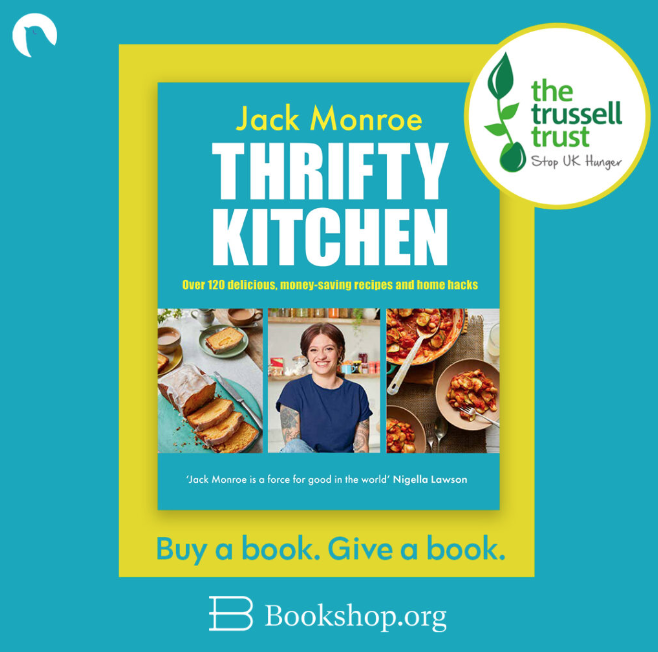 A infographic from Bookshop.org for 'Thrifty Kitchen' by Jack Monroe